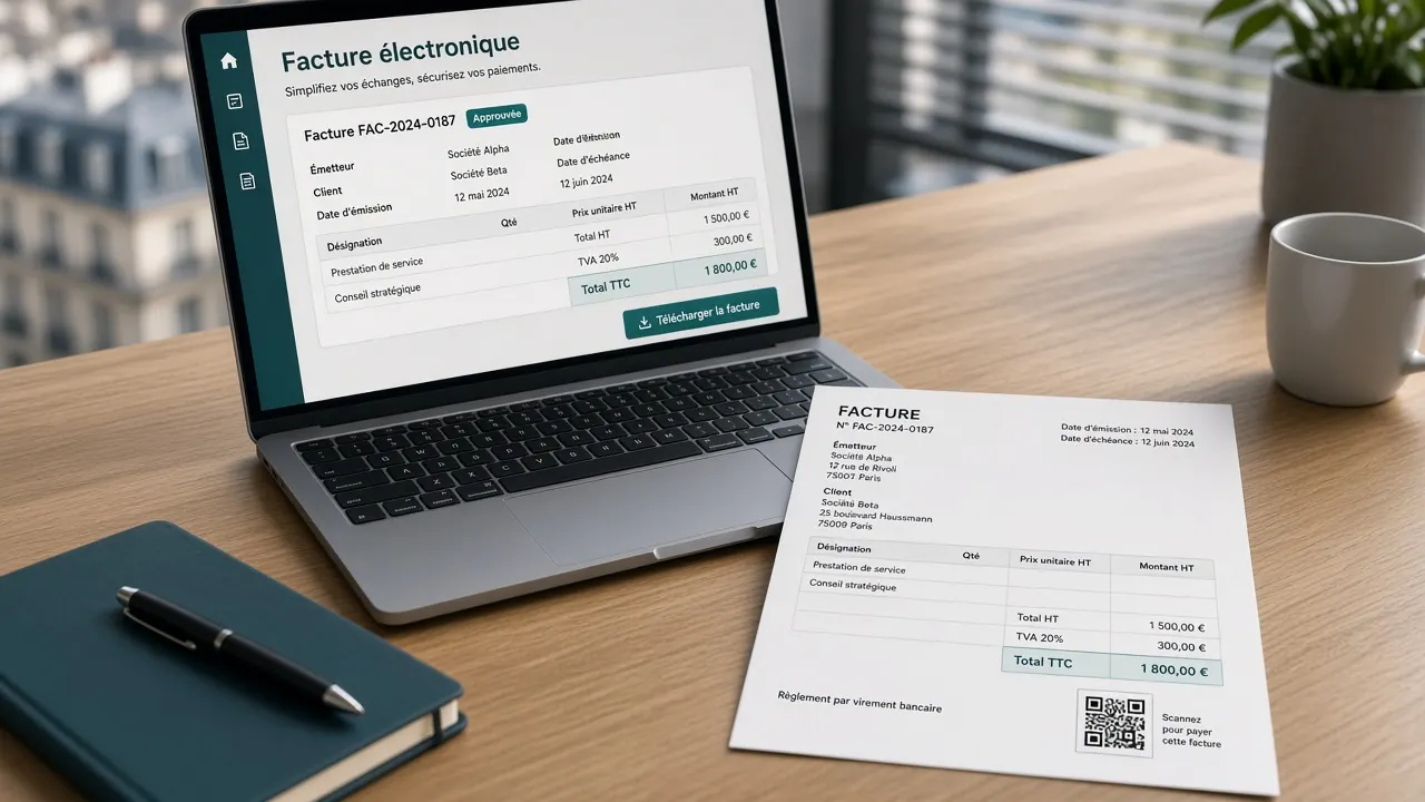 Ordinateur portable affichant une facture électronique à l'écran, à côté d'une facture papier avec QR code posée sur un bureau en bois