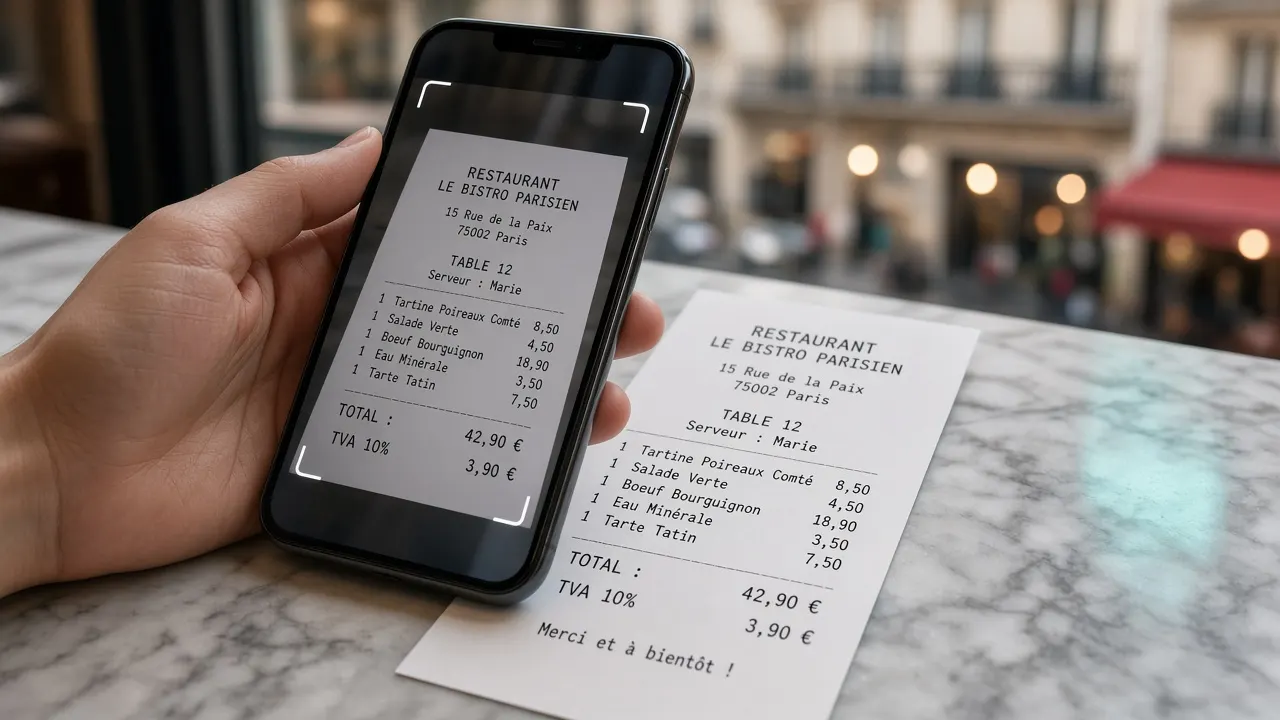 Smartphone photographiant un ticket de restaurant posé sur une table en marbre, le montant et la TVA lisibles à l'écran